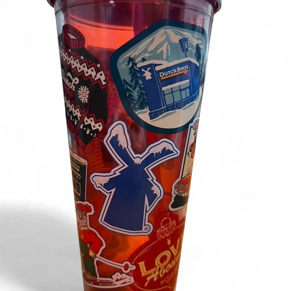 Red and silver Dutch Bros. Christmas tumbler with lid